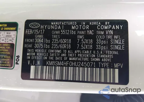 2017 Hyundai Santa Fe Se из США, поврежденный, VIN KM8SM4HF0HU245071